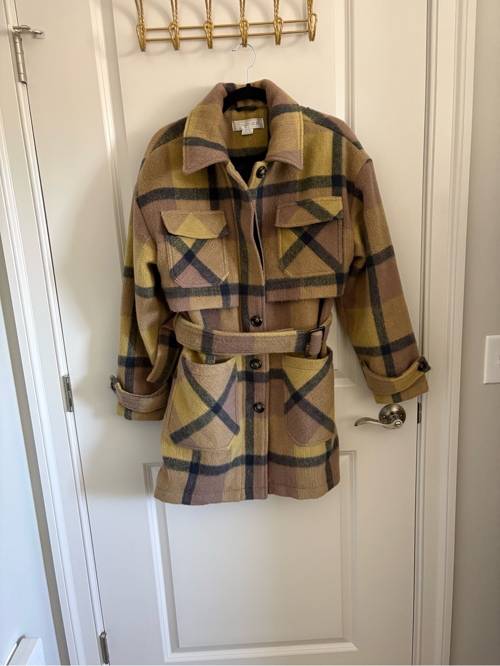 Noize Plaid Belted Trench Coat in Mustard, Brown and Black